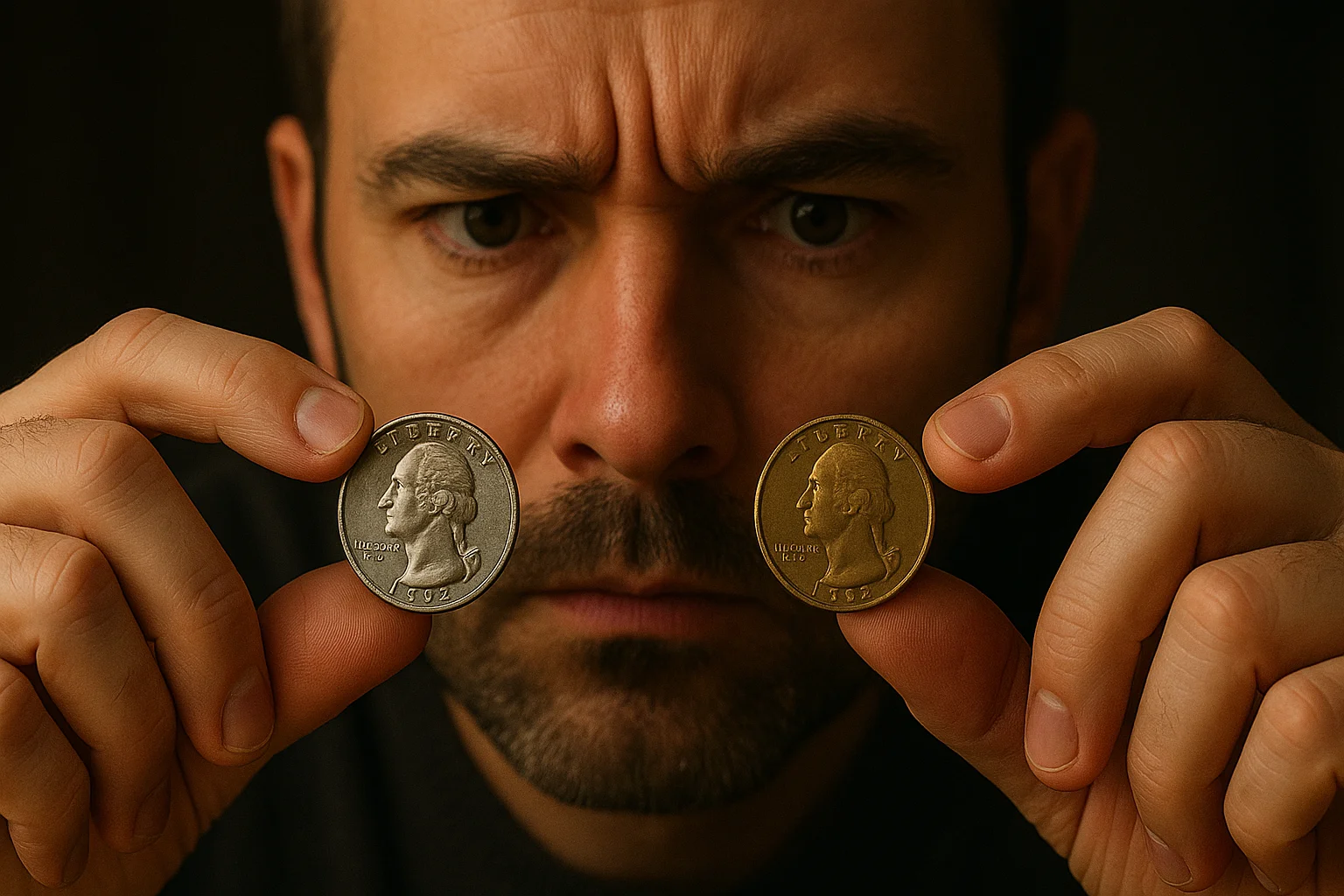 A collector compares a genuine coin with an obvious counterfeit, focusing on differences in metal color and relief to identify red flags.