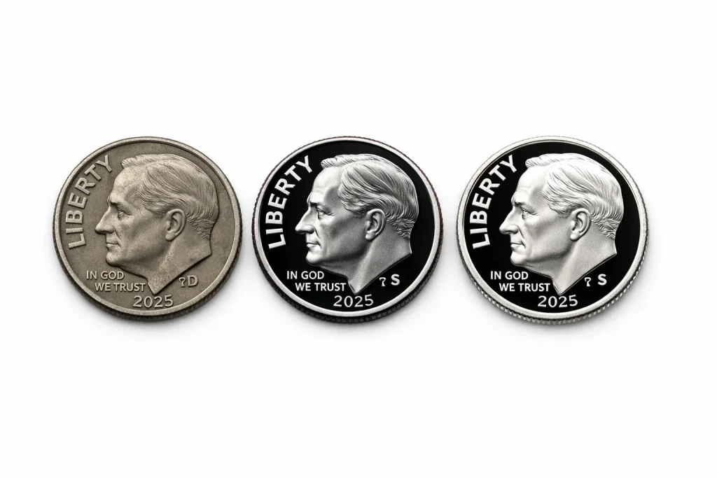 three 2025 Roosevelt dimes: D business strike and two S proof issues (clad and silver).