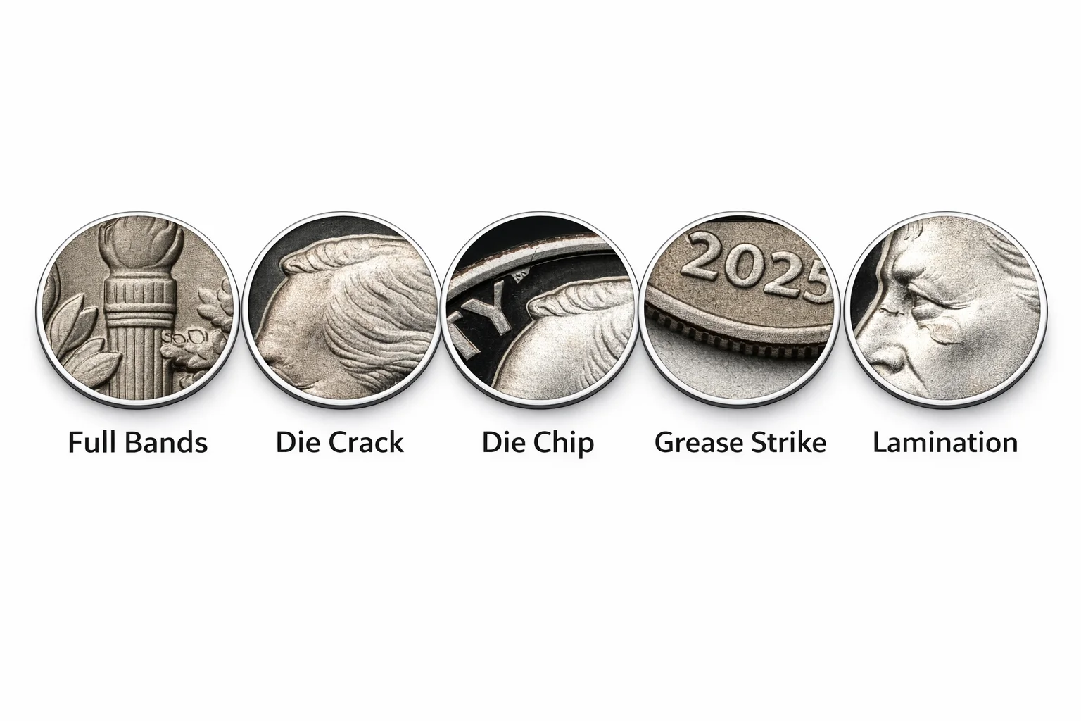 Infographic of 2025 Roosevelt dime showing Full Bands, die crack, die chip, grease strike, and lamination that can increase its value.